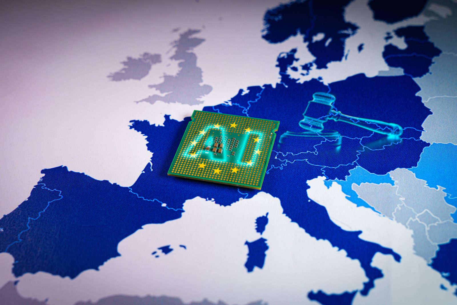 Stock image depicting the looming legal status of AI, AI hardware and law in europe.
