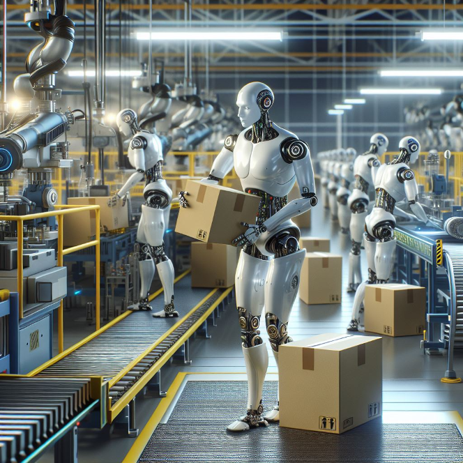 AI generated illustration of androids handling boxes in a warehouse